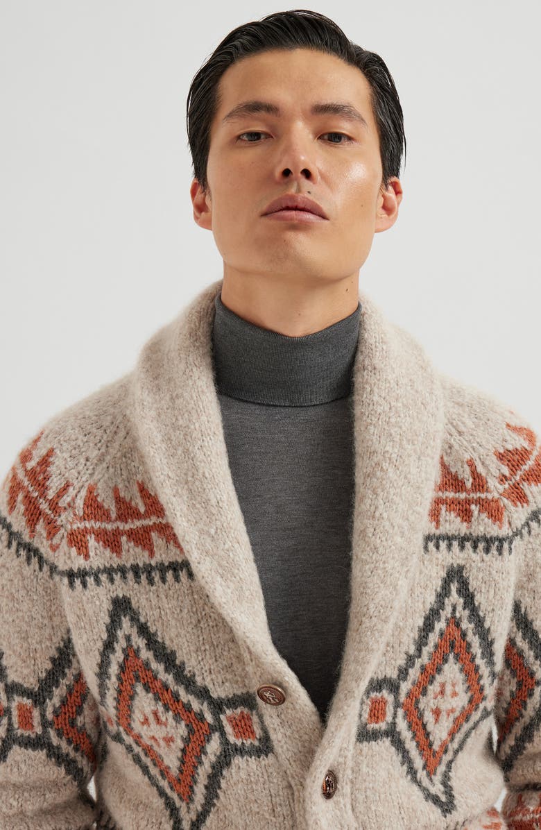 Brunello Cucinelli Geometric jacquard cardigan, Alternate, color, Buff
