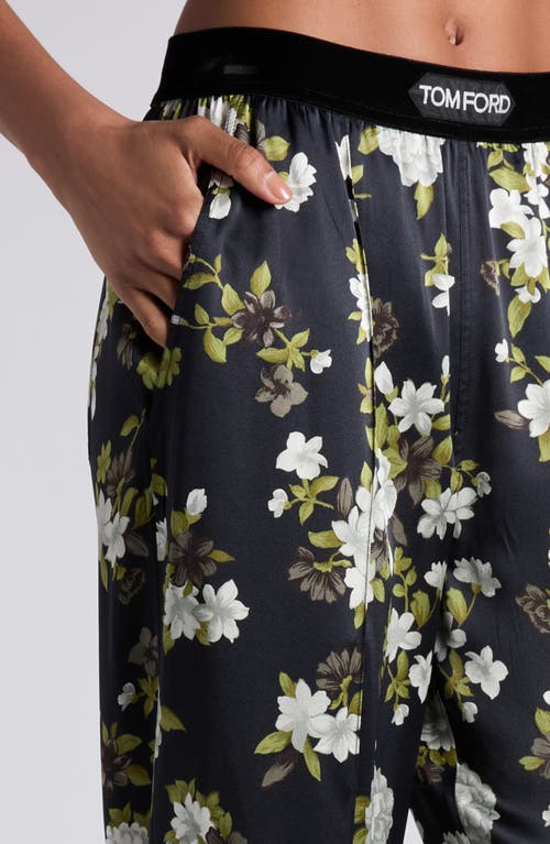 Tom Ford Floral Print Stretch Silk Satin Pants In Off White Black