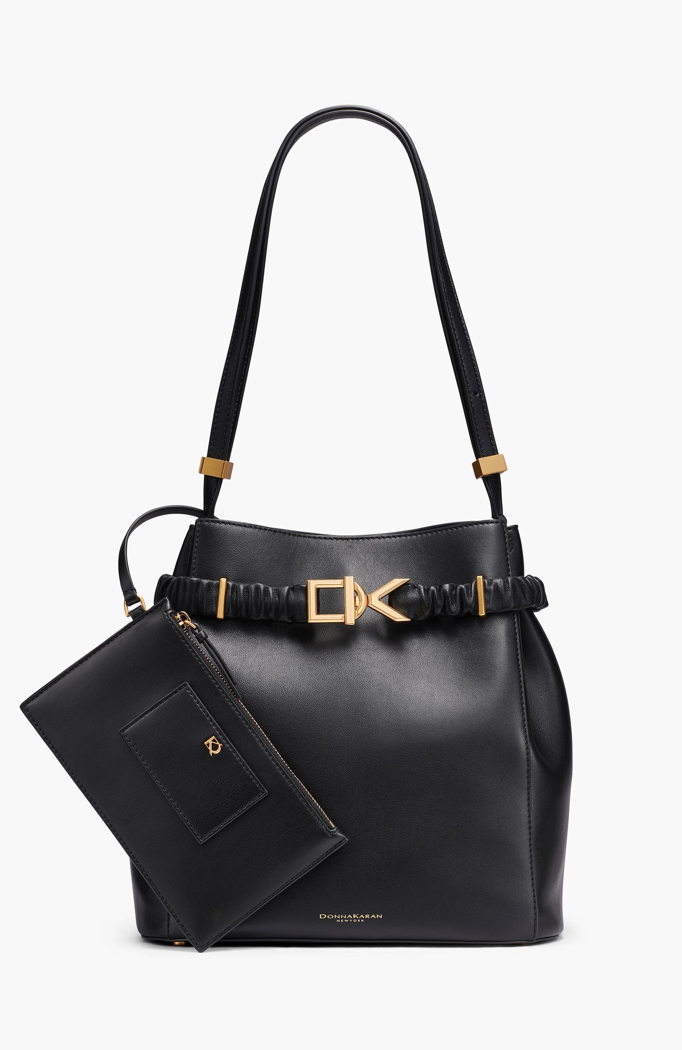 Donna Karan New York Gingham Bucket, Main, color, Black/Gold