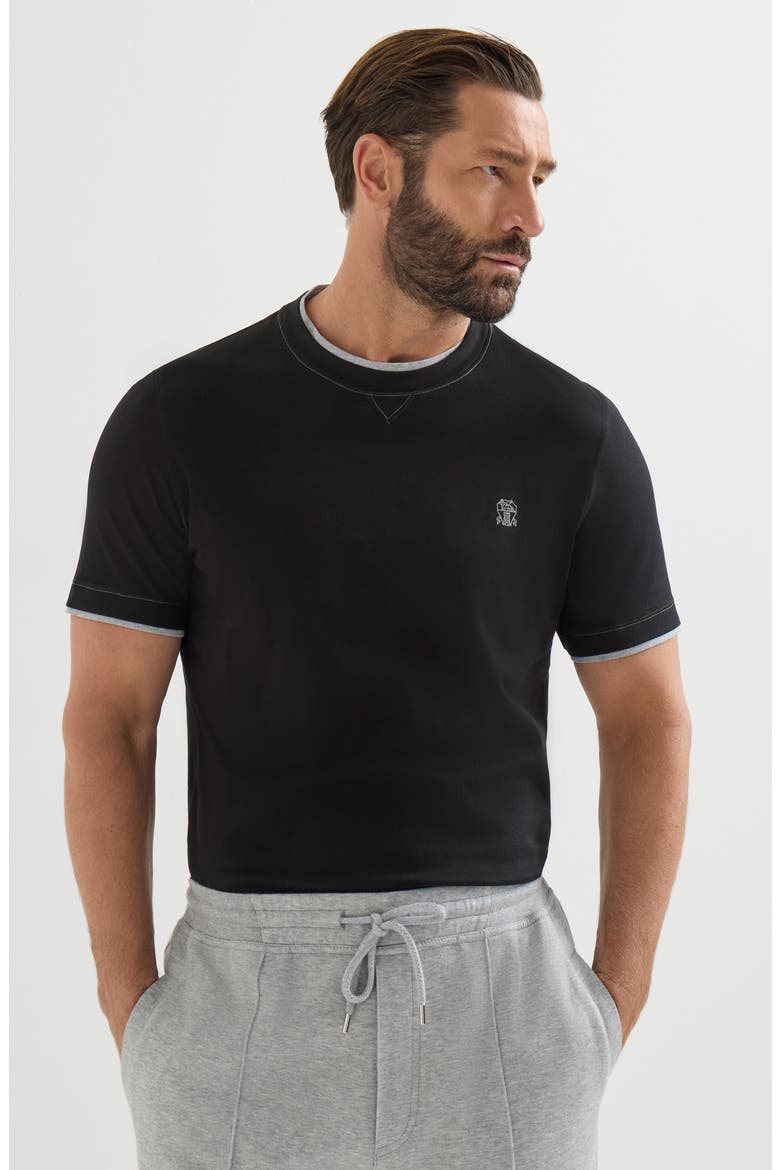 Cotton jersey crew neck T-shirt with logo and faux-layering, Alternate, color, Black