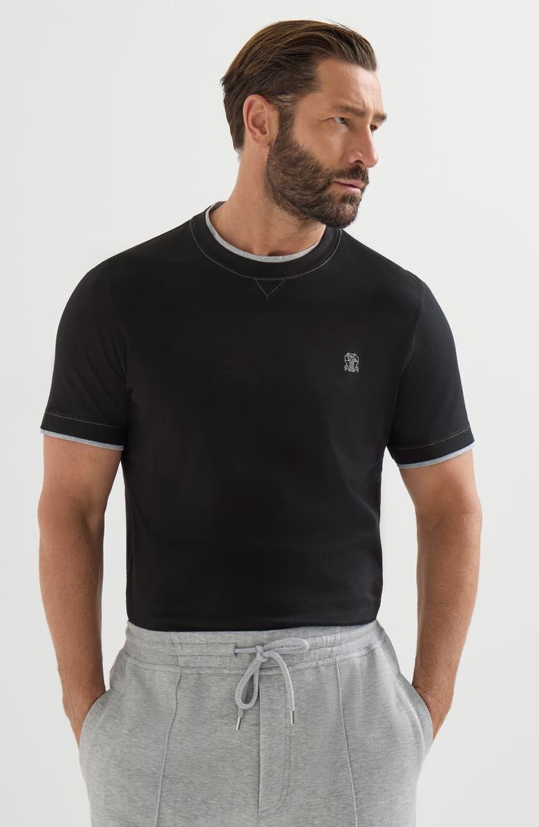 Brunello Cucinelli Cotton jersey crew neck T-shirt with logo and faux-layering, Alternate, color, Black