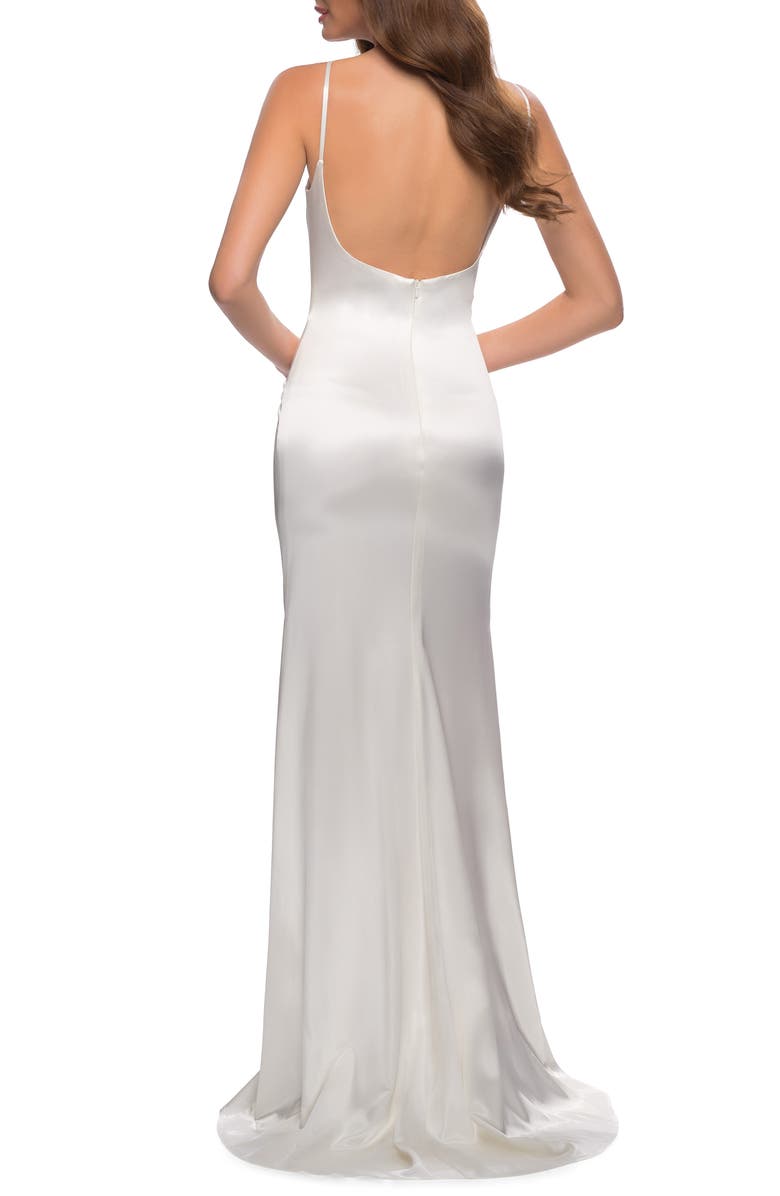 La Femme Side Slit Stretch Satin Gown, Alternate, color,