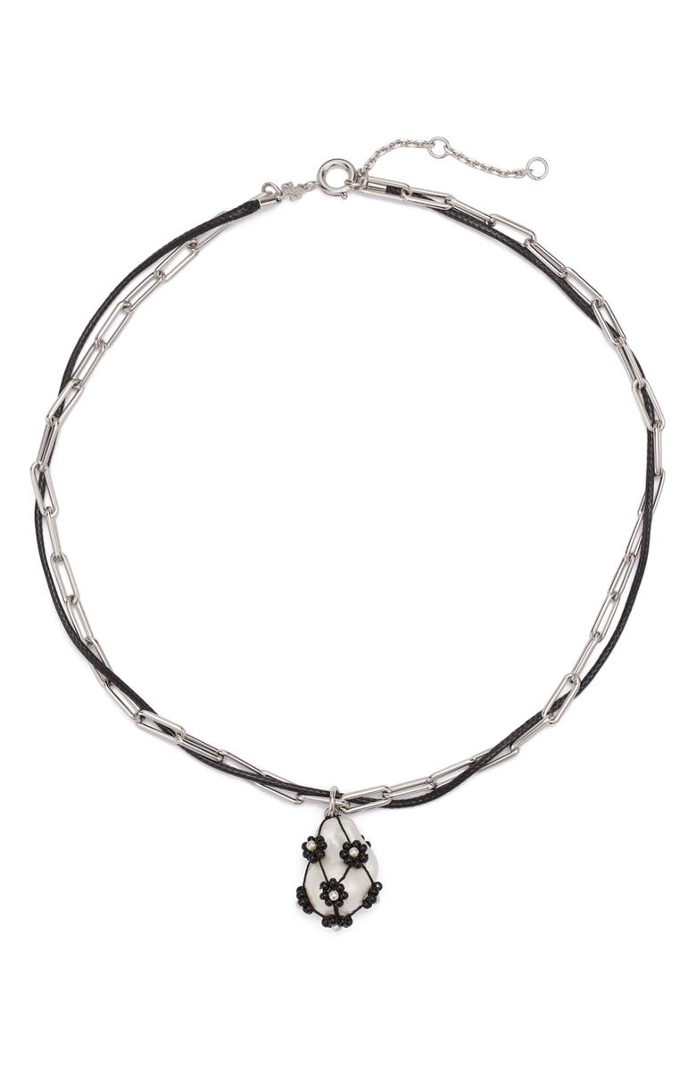 Tory Burch Curiosity Freshwater Pearl Pendant Necklace, Main, color, Tory Silver / Black