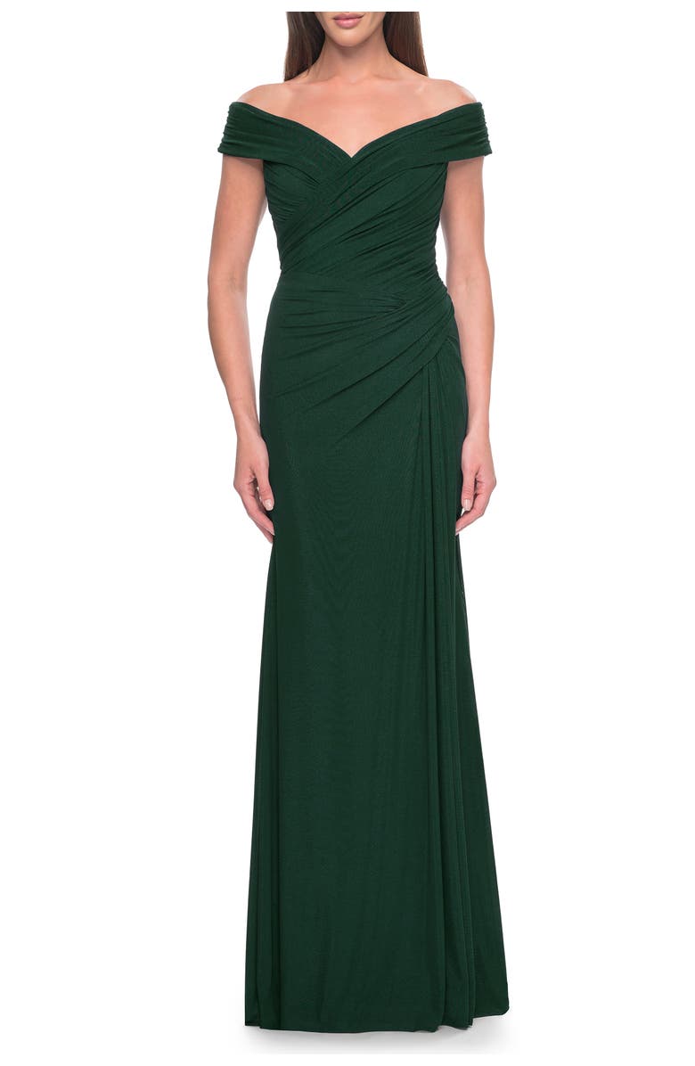 La Femme Off the Shoulder Jersey Evening Gown with Ruching, Main, color, Dark Emerald