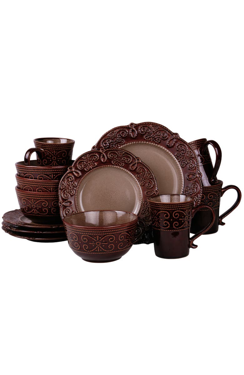 Elama Salia 16 Piece Stoneware Dinnerware Set, Main, color, Brown
