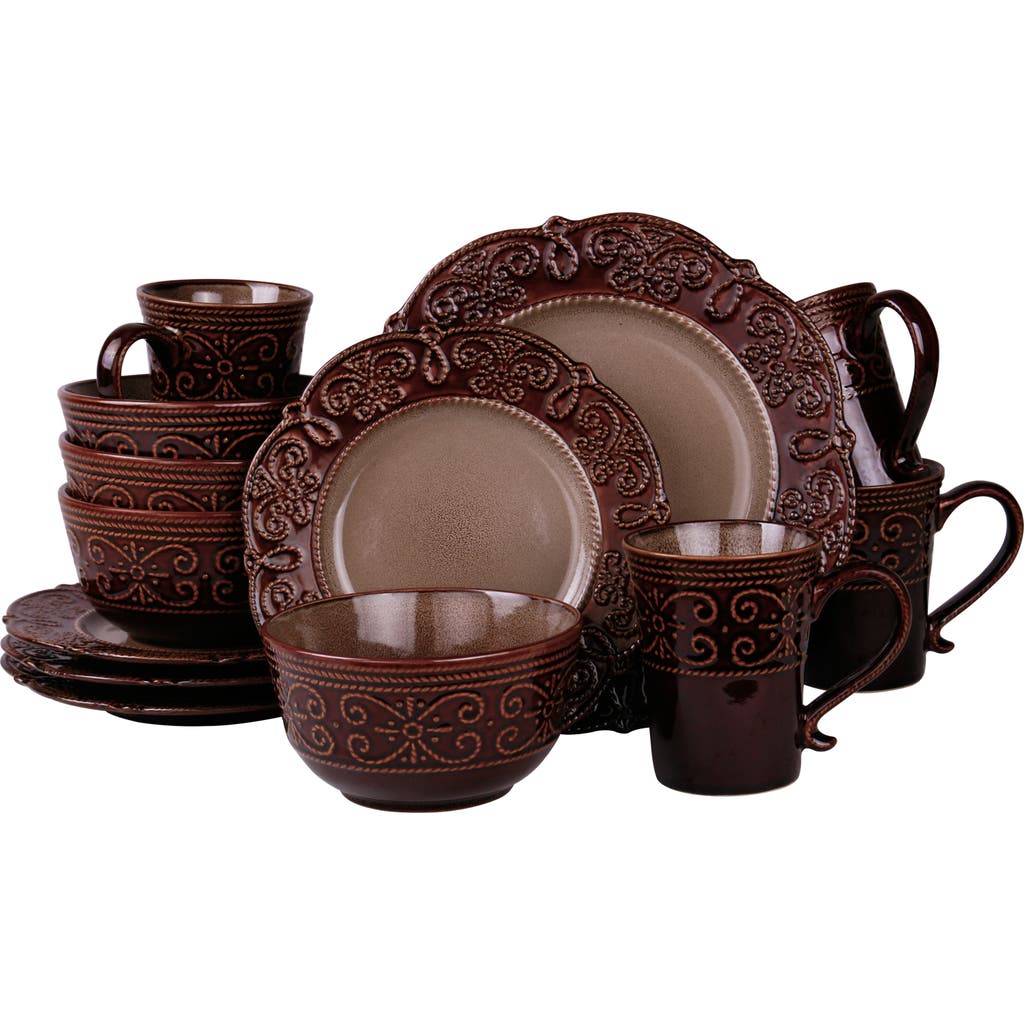 Elama Salia 16 Piece Stoneware Dinnerware Set In Brown