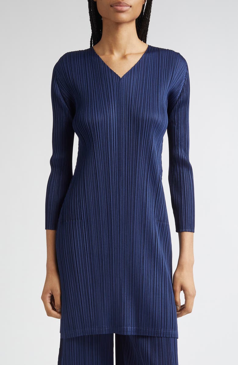 Pleats Please Issey Miyake Monthly Colors February Pleated Long Sleeve Minidress, Main, color, Navy