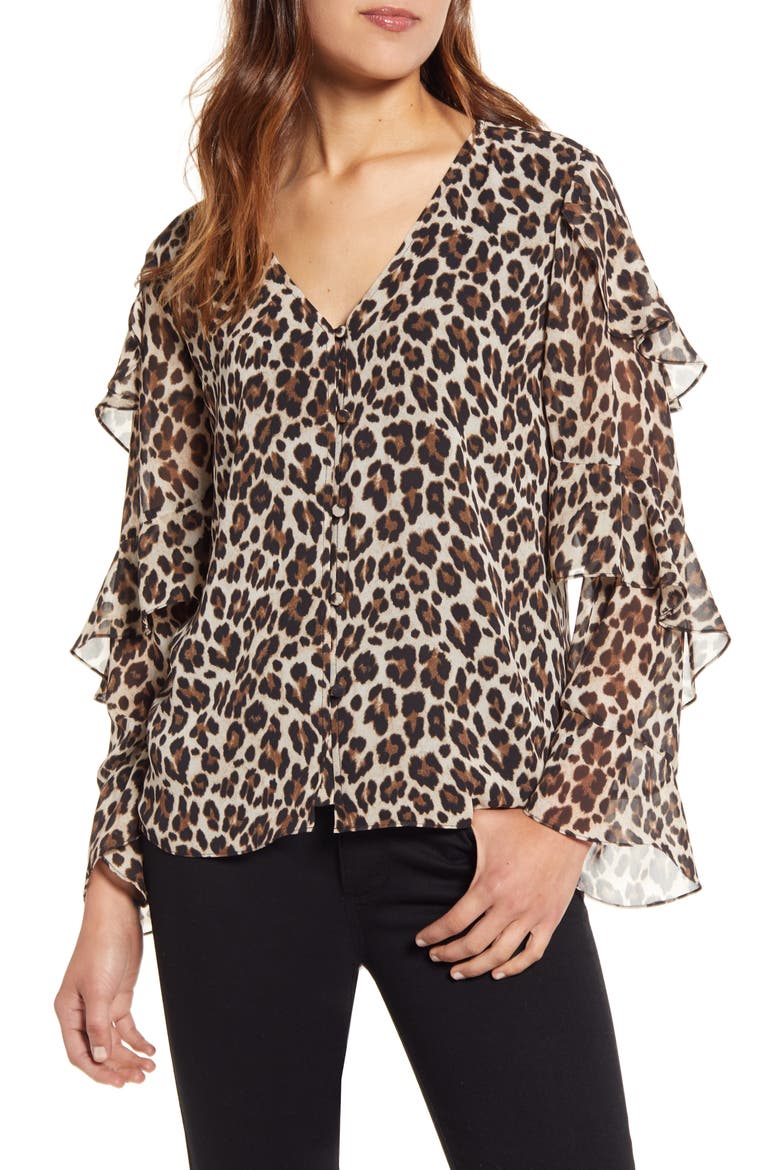 Leopard Print Tiered Sleeve Blouse, Main, color, RICH BLACK