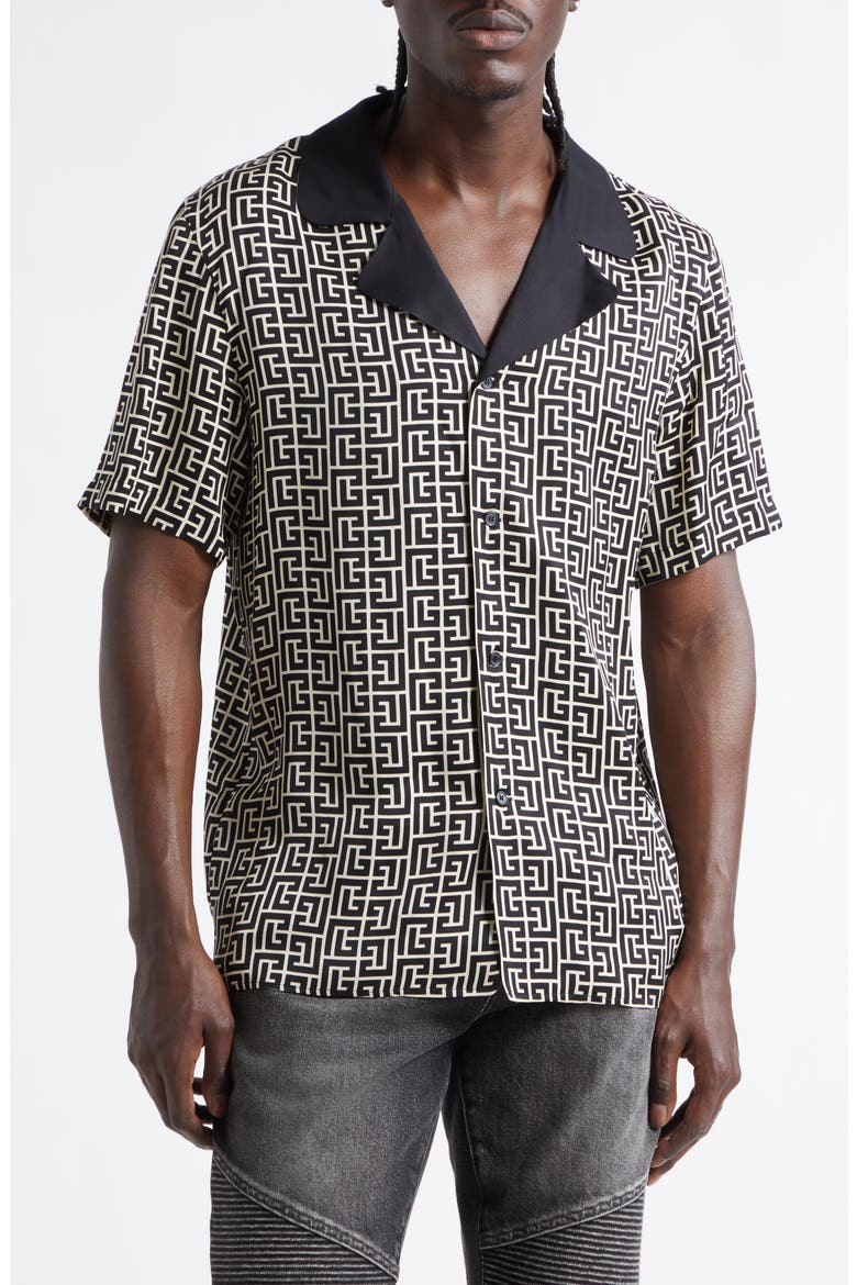 Monogram Jacquard Camp Shirt, Main, color, IVORY/ BLACK