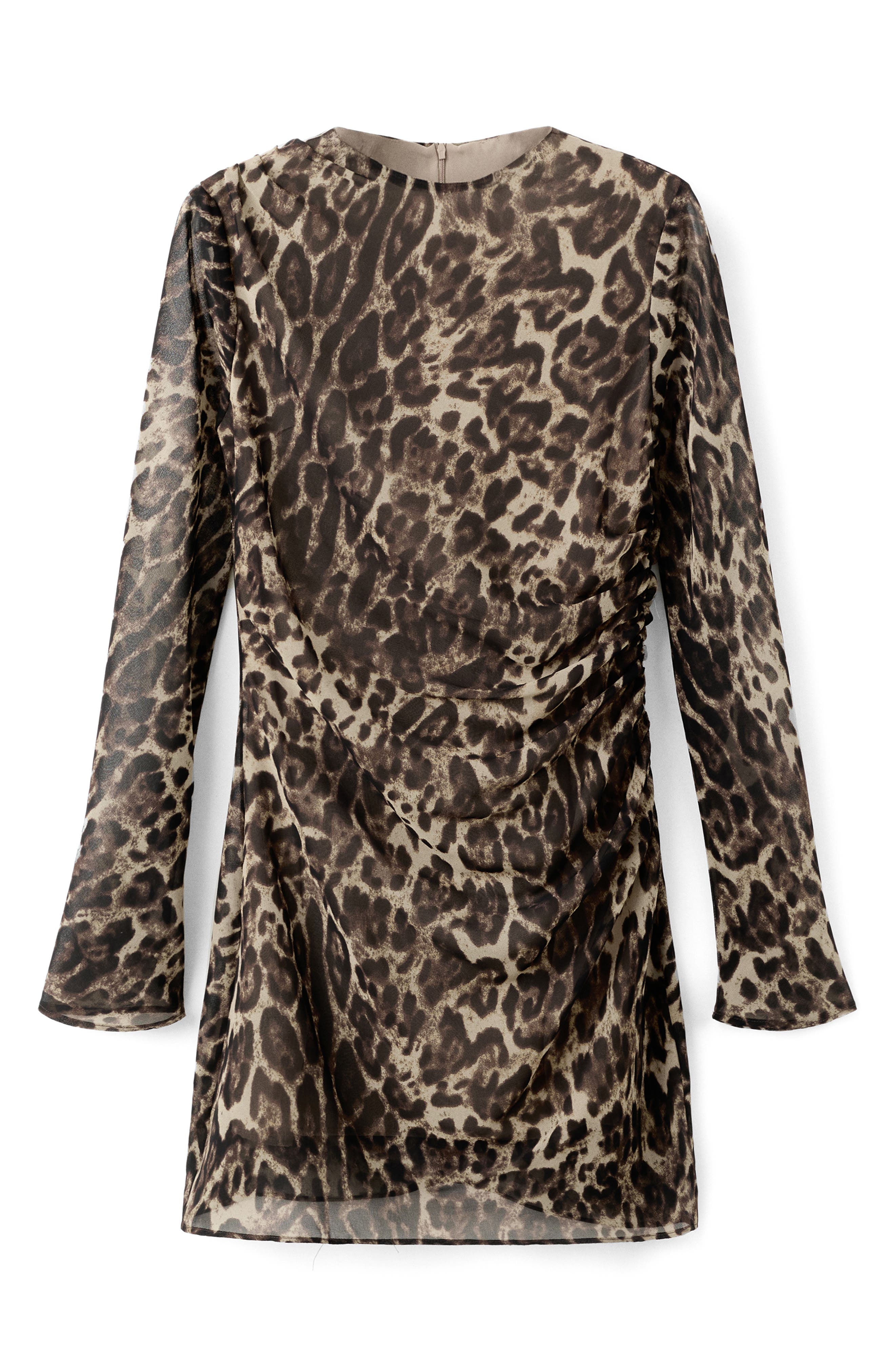 Leopard Print Draped Long Sleeve Minidress
