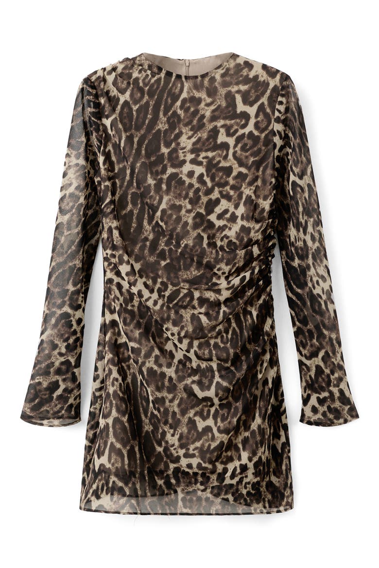 Leopard Print Draped Long Sleeve Minidress, Main, color, BROWN