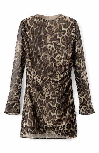 Leopard Print Draped Long Sleeve Minidress