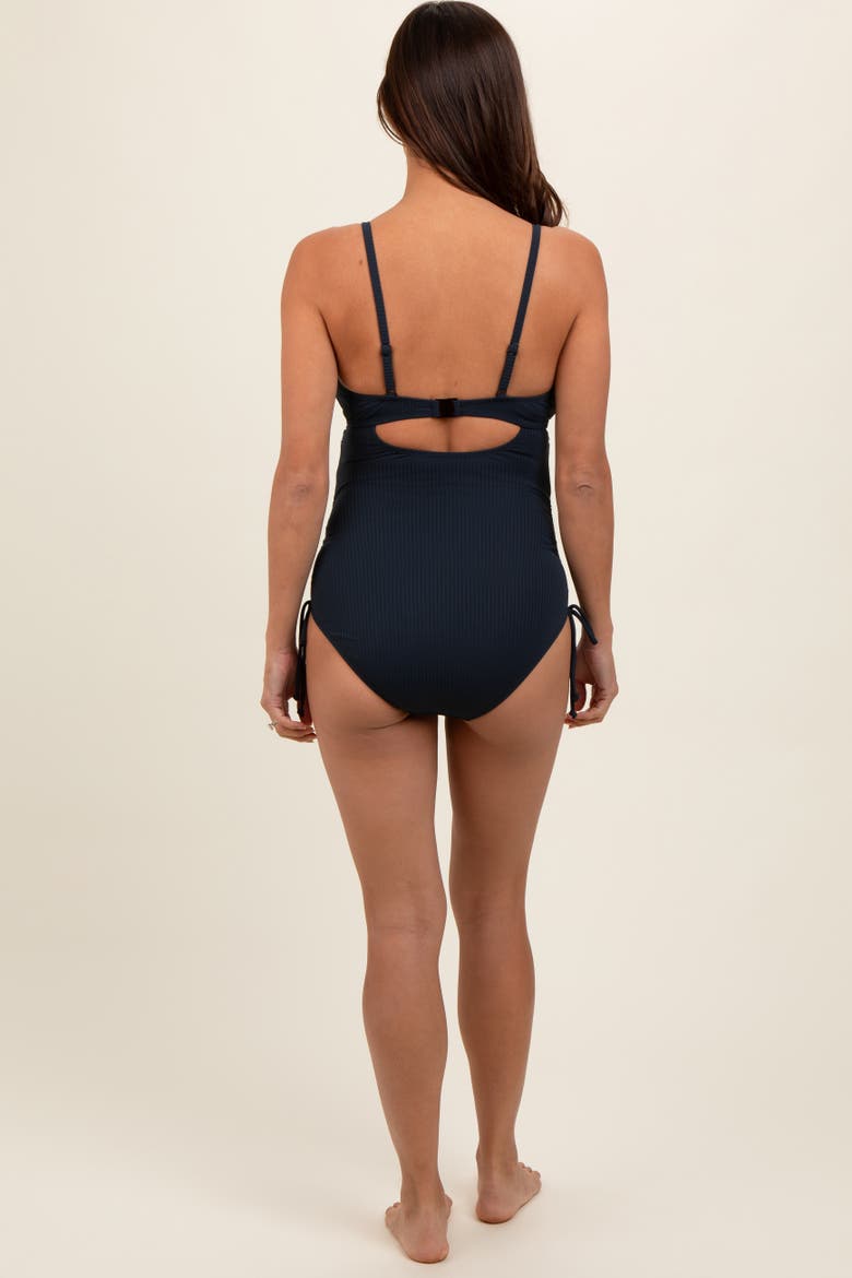 Ribbed Wrap Front Drawstring Side One-Piece Swimsuit, Alternate, color, Navy Blue