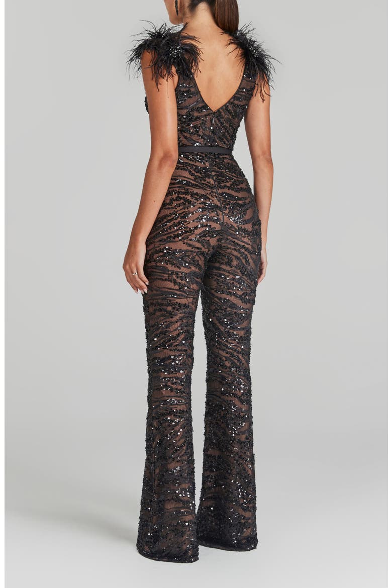 Jenna Ostrich Feather Trim Sequin Belted Jumpsuit, Alternate, color, BLACK