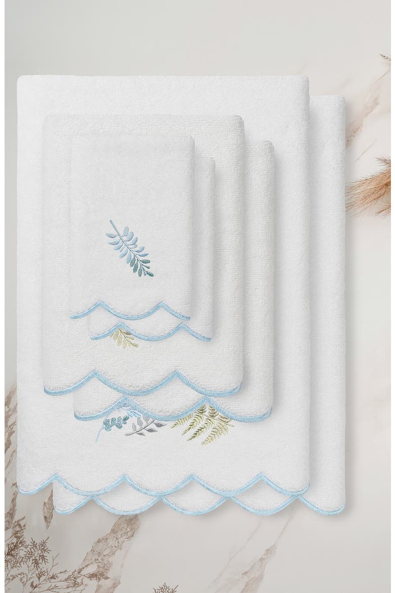 Fern Toss Scalloped 6-Piece Embellished Towel Set, Alternate, color, WHITE/ BLUE