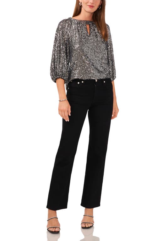 Vince Camuto Sequin Keyhole Neck Blouse In Charcoal Black