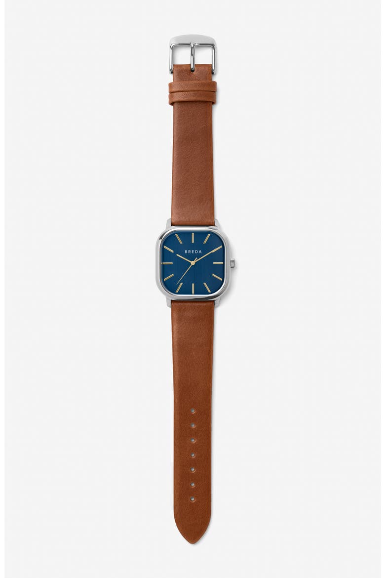 Visser Square Leather Strap Watch, 35mm, Alternate, color, BROWN/ BLUE/ SILVER