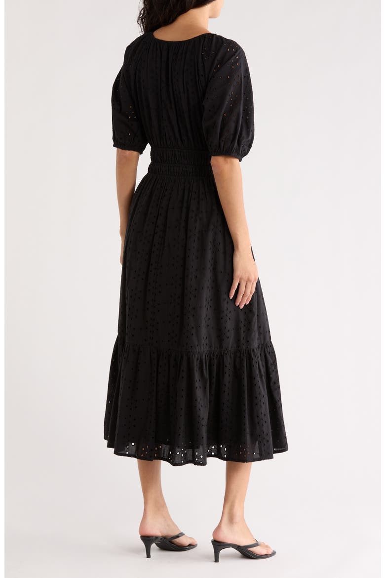 Eyelet Shirred Midi Dress, Alternate, color, BLACK