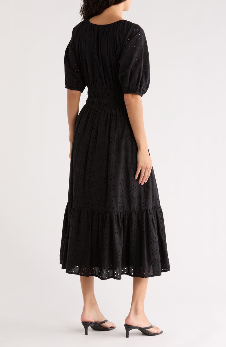 NSR Eyelet Shirred Midi Dress, Alternate, color, Black