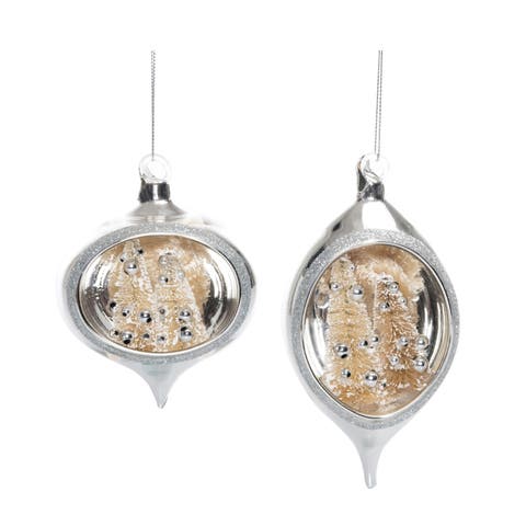 Glass Sisal Tree Silver Ornament Set of 2 Christmas Decor