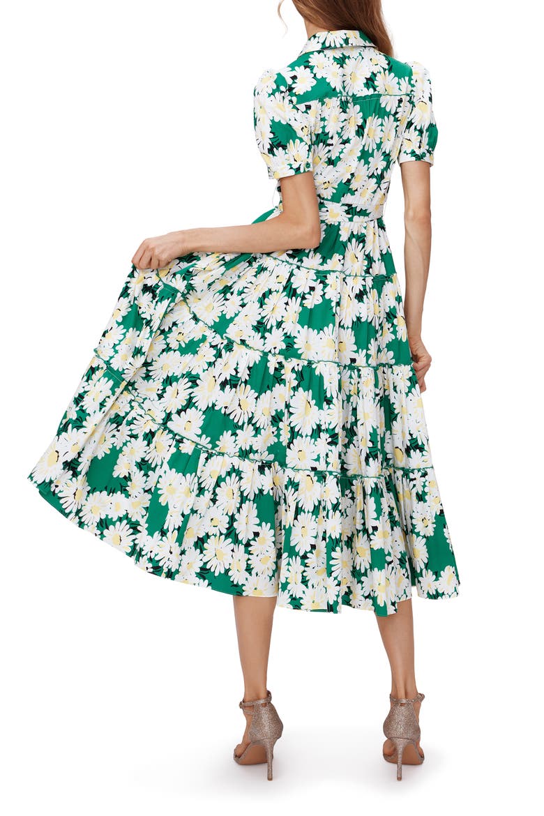 Queena Tie Belt Stretch Cotton Midi Dress, Alternate, color, VINTAGE DAISIES MED GREEN