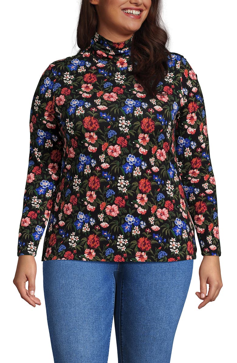 Lands' End Lightweight Jersey Long Sleeve Turtleneck, Main, color, Black Multi Floral