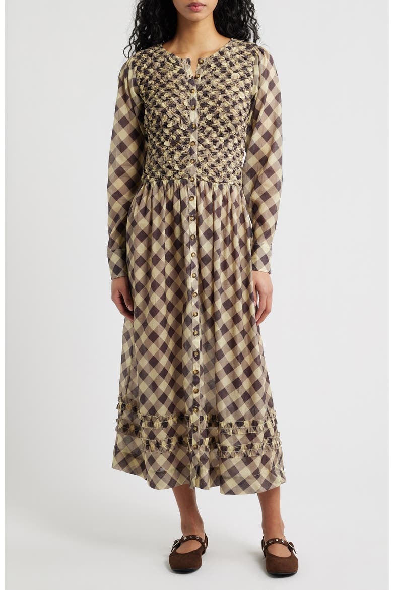Posey Smocked Long Sleeve Midi Dress, Main, color, BUTTER