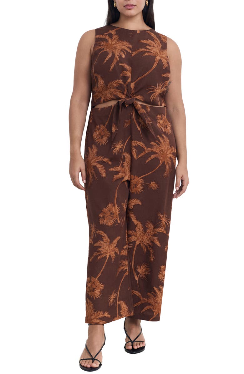 MANGO Tie Front Cutout Jumpsuit, Alternate, color, Brown