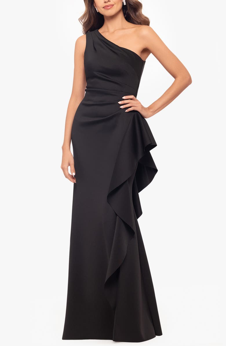 Xscape Evenings One-Shoulder Ruffle Scuba Crepe Gown, Main, color, Black
