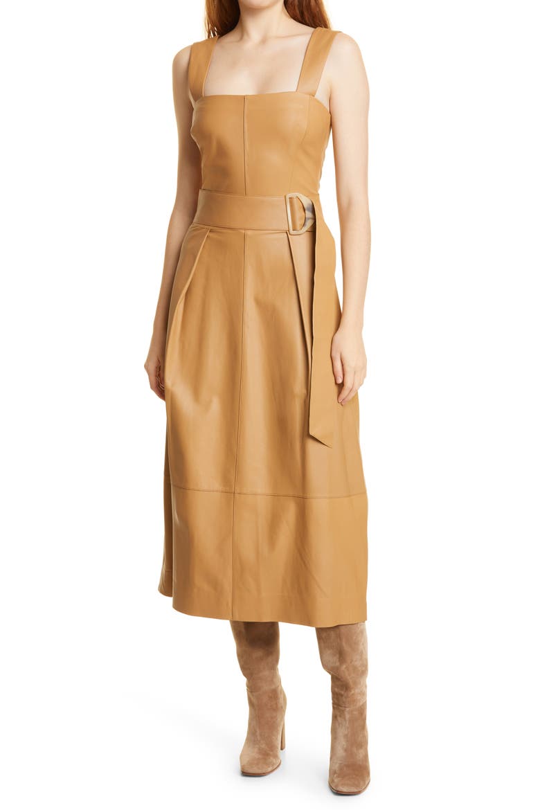 Belted Leather Tank Midi Dress, Main, color, LIGHT CAMEL