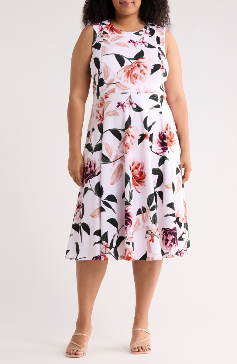 Calvin Klein Floral Fit & Flare Midi Dress, Main, color, Blush Multi