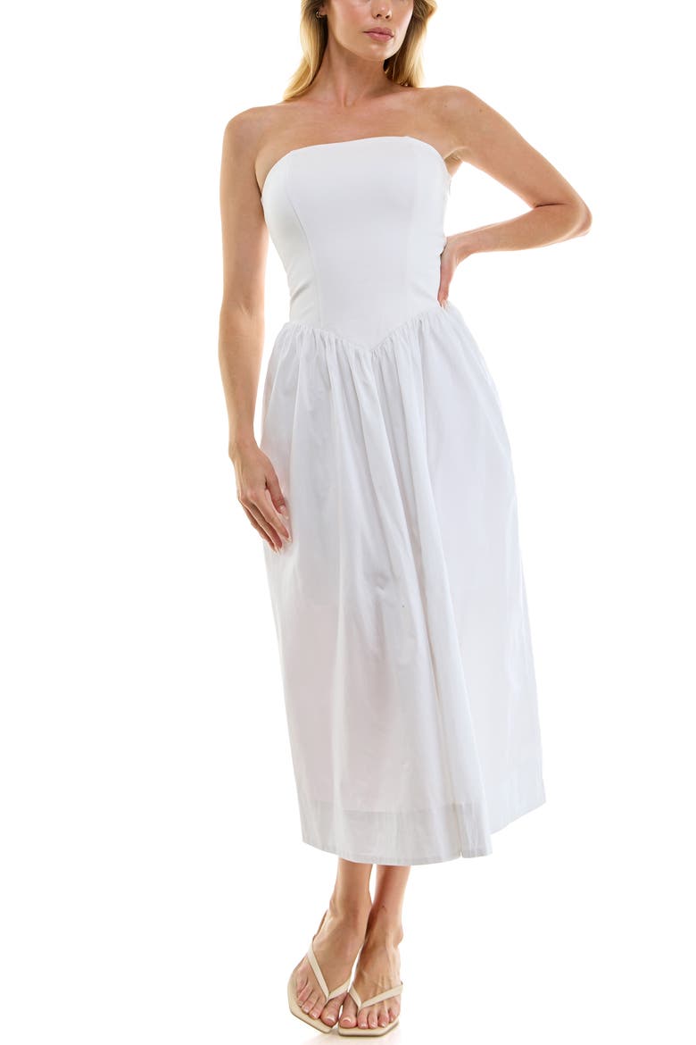 Mixed Media Strapless Midi Dress, Alternate, color, WHITE