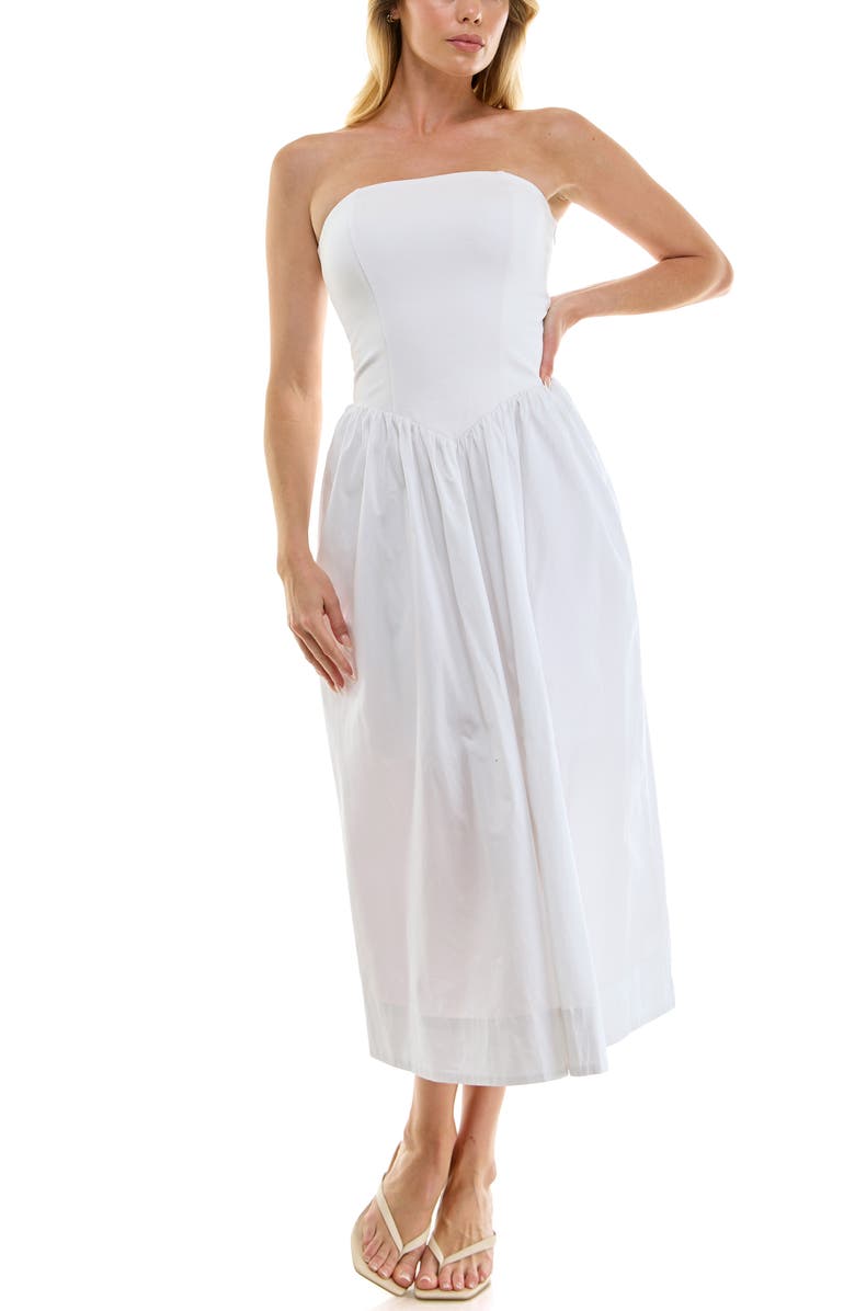 Socialite Mixed Media Strapless Midi Dress, Alternate, color, White