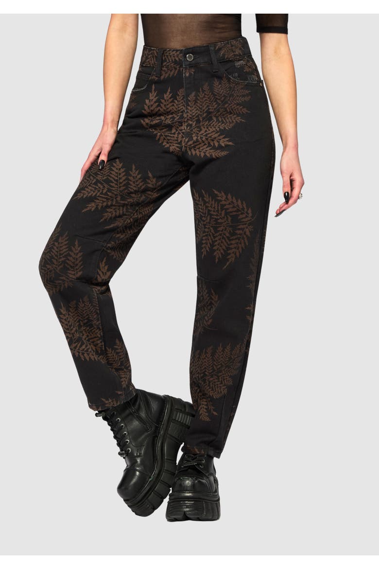 Ruin Fern Printed Barrel Leg Denim Jeans, Main, color, Black