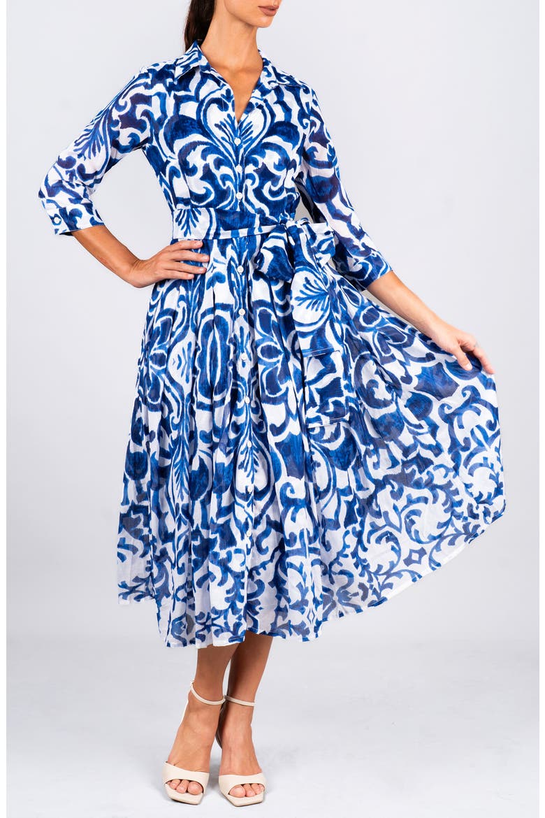 Maiolica Tile Midi Shirtdress, Alternate, color, White Blue