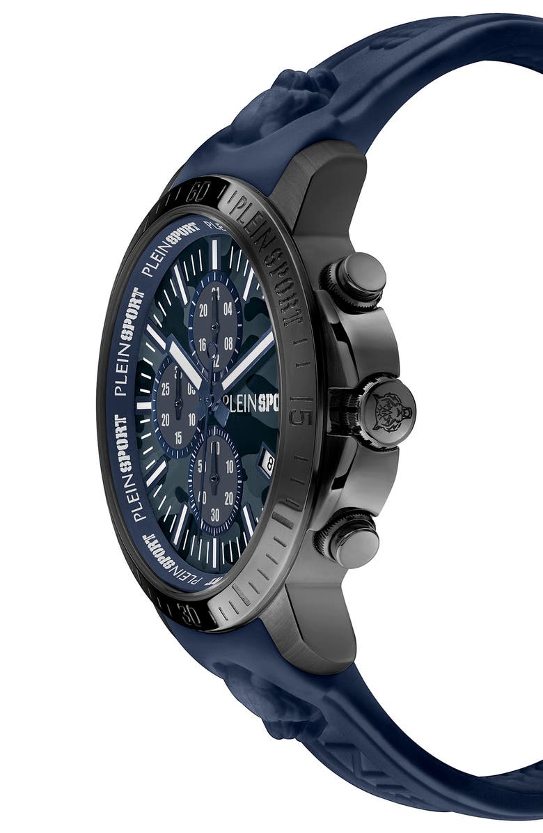 PLEIN SPORT Camo Dial Three-Hand Quartz Silicone Strap Watch, 43mm, Alternate, color, Ip Black