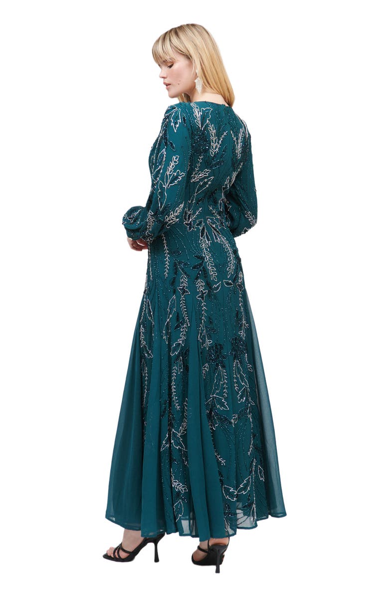 MARYISA Modest Embellished Sequin Beaded Maxi Dress With Cuff Sleeves, Alternate, color, Emerald Green