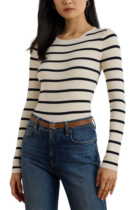 Striped Rib Knit Crewneck Sweater