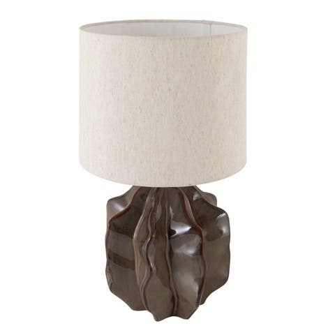 Contemporary Ceramic Table Lamp with Sculptural Base and Fabric, Grey and Cream