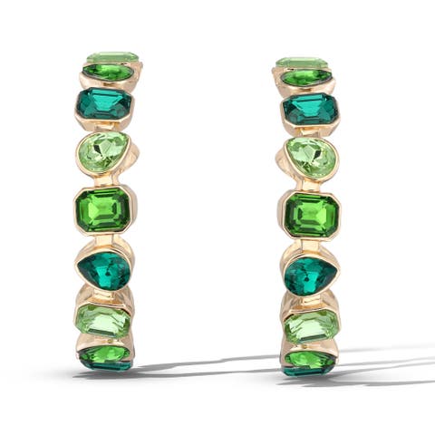 Gold-Tone Green Stone Hoop Earrings