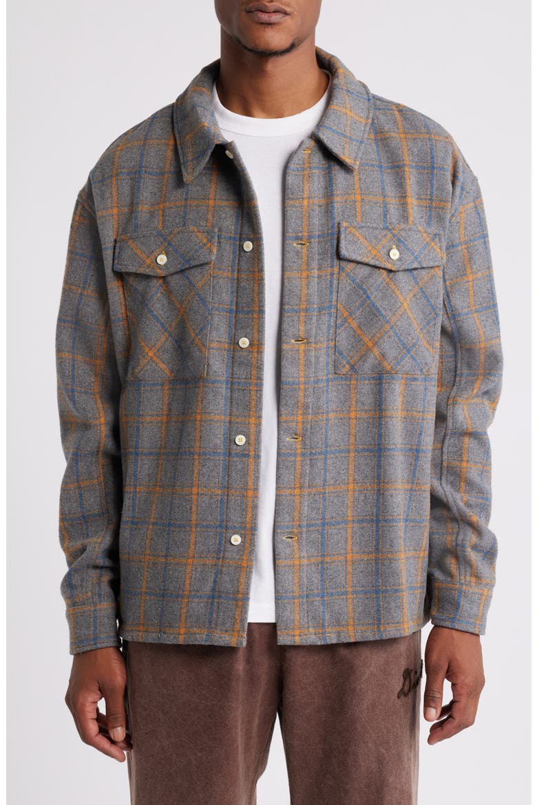 Logo Embroidered Flannel Button-Up Shirt, Main, color, GREY/ YELLOW