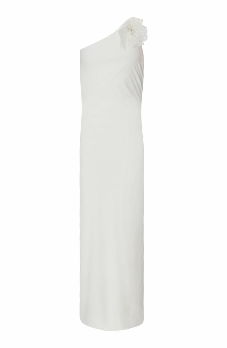 QUIZ Asymmetric Scuba Crepe Maxi Dress With 3D Floral Detail, Alternate, color,