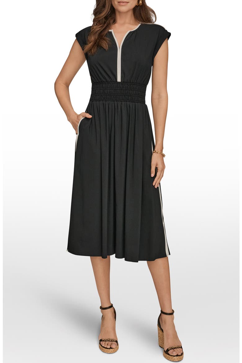 Cap Sleeve Piped Midi A-Line Dress, Main, color, BLACK/ CREAM