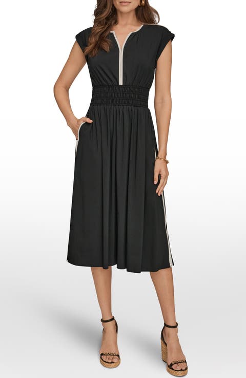Cap Sleeve Piped Midi A-Line Dress