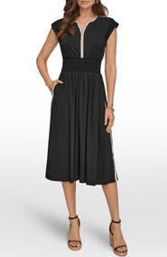 DONNA KARAN WEEKEND Cap Sleeve Piped Midi A-Line Dress
