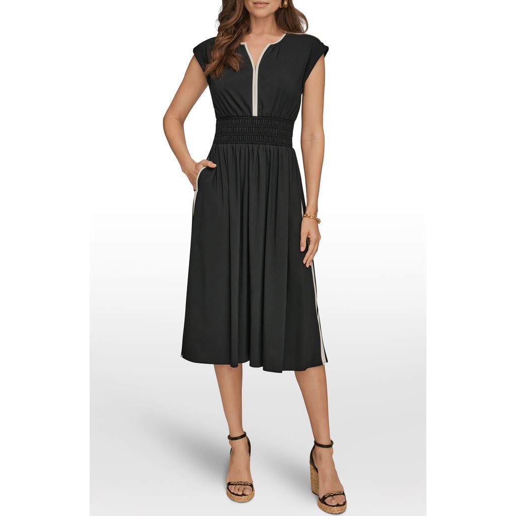 Donna Karan Weekend Cap Sleeve Piped Midi A-line Dress In Black