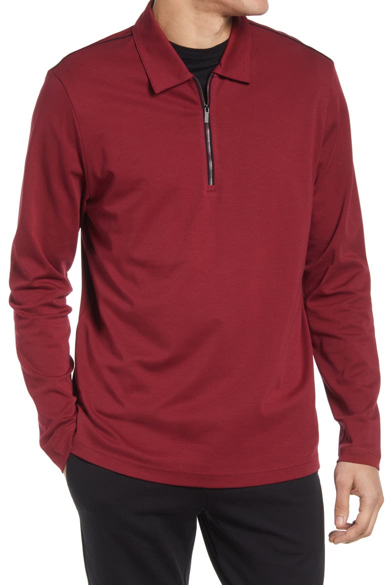 Long Sleeve Cotton Zip Polo, Main, color, BORDEAUX