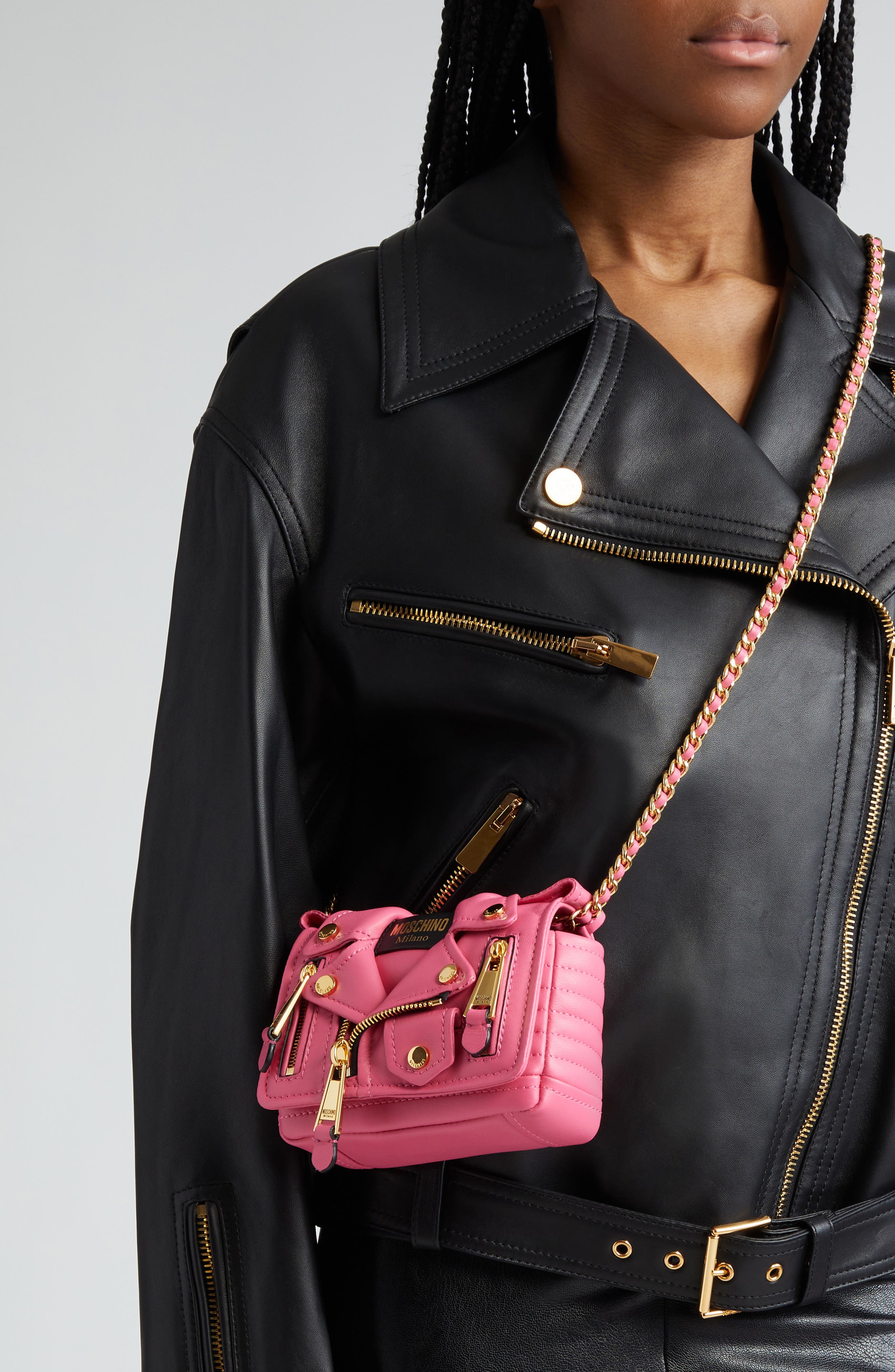 Moschino Mini Biker Leather Shoulder Bag, Alternate, color, 