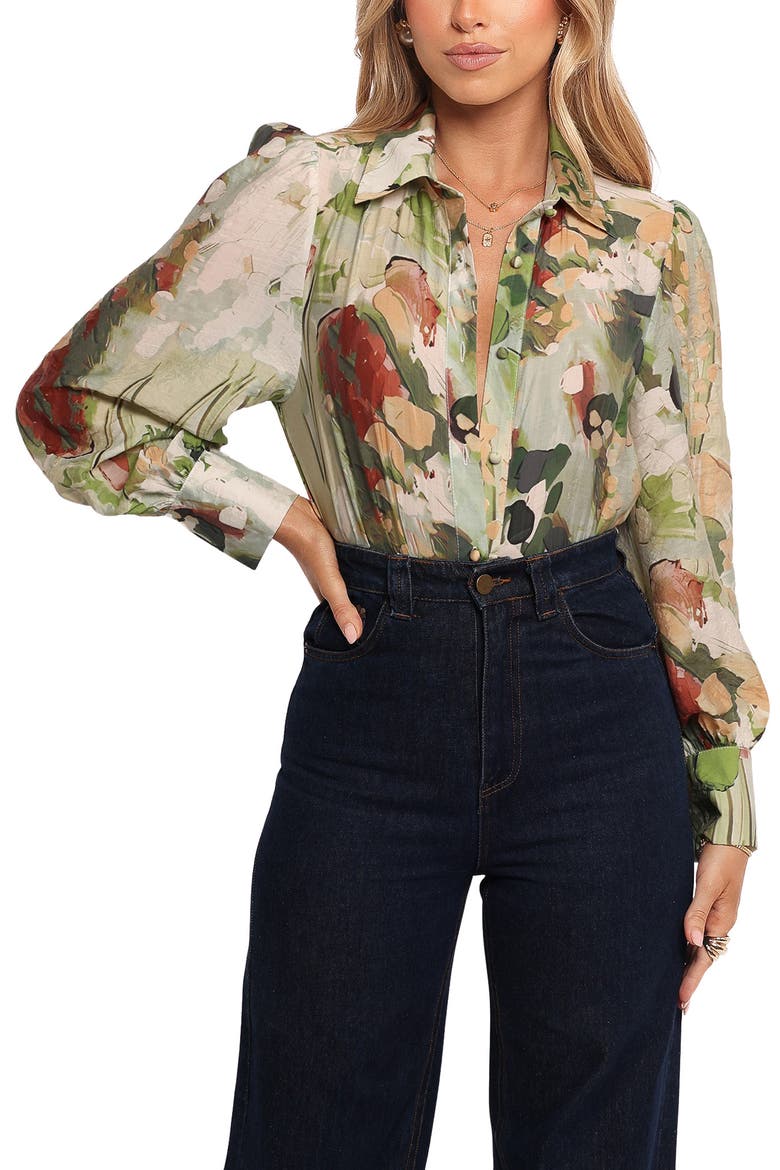 Allise Floral Print Cotton Blend Button-Up Shirt, Main, color, GREEN