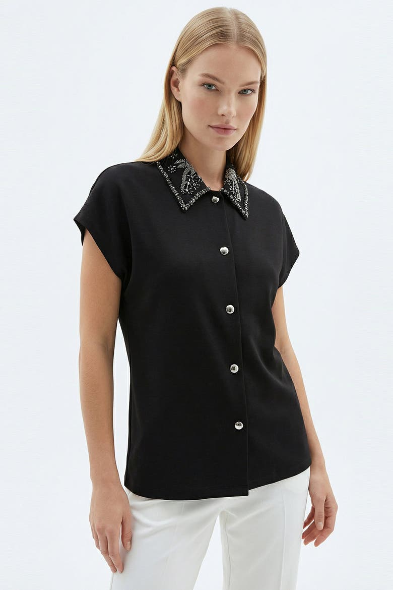 Sleeveless Regular Fit Knit Embroidered Shirt, Alternate, color, BLACK